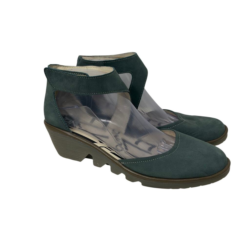 Fly London Sandals Womens Size 10 Piat Leather Wedge Pumps Forest Green 41